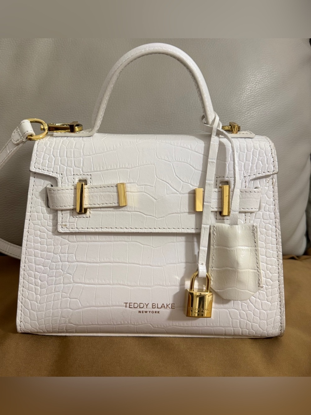 Teddy Blake White Croc-Embossed Top-Handle Satchel. Ava 9”